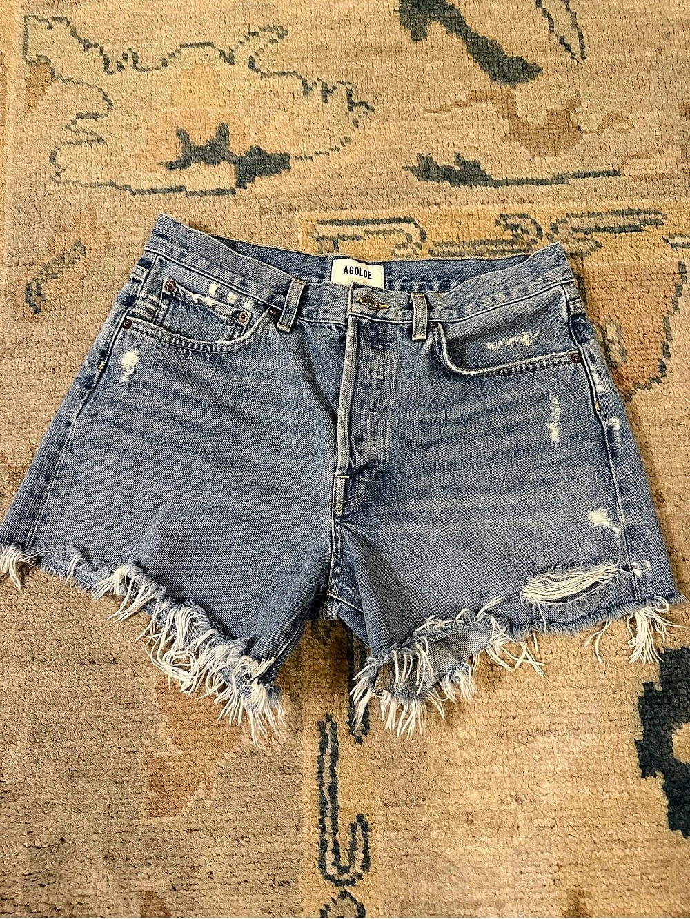 AGOLDE Parker Long Distressed Denim Shorts in Blue Waist 28